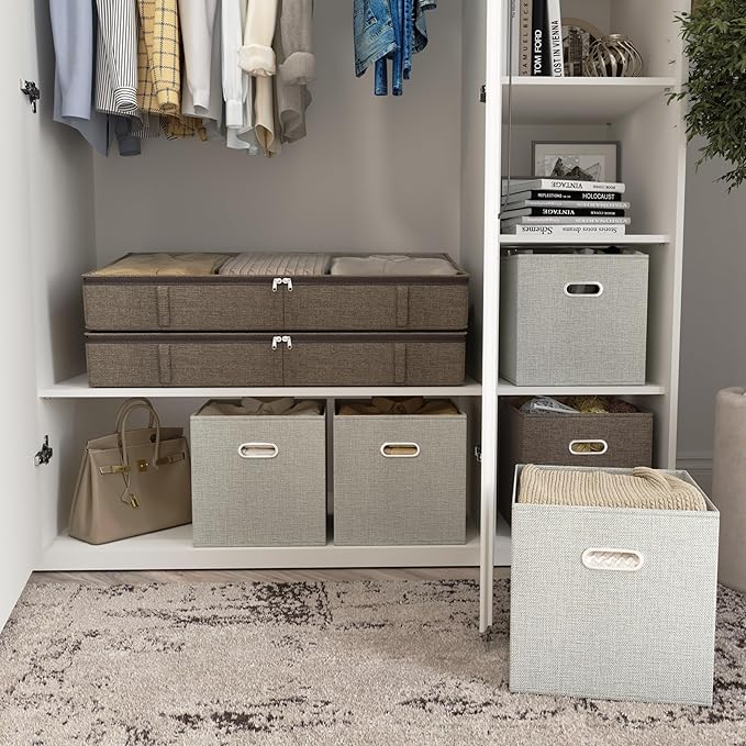 Brown Low Profile Under Bed Storage Containers 5 inches high, 33.8"x 17.7"x 5.1", Sturdy Underbed Shoe Storage Organizer, Foldable Fabric Under the Bed Storage Bins - Pack of 2-Ruum Studio Home