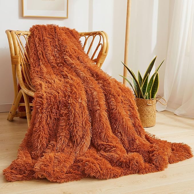 XeGe Luxury Faux Fur Blanket, Burnt Orange Soft Fluffy Bed Throw, Shaggy Plush Big Decorative Couch Throw, Cute Furry Fuzzy Blanket for Sofa Bed, Burnt Orange, 60x90-Ruum Studio Home