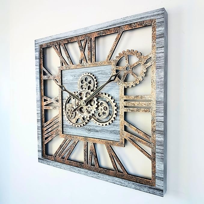 The Gears Clock 24'' Inch Square Real Moving Gear Wall Clock Vintage Industrial Oversized Rustic Farmhouse (Silver Grey)-Ruum Studio Home