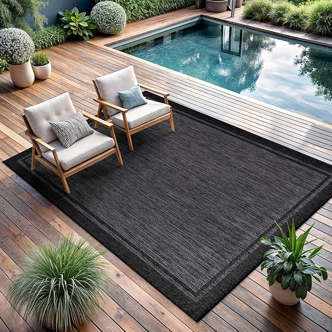 CAMILSON Indoor Outdoor Rug, 6x9 Bordered Dark Grey Black Modern Area Rugs for Indoor and Outdoor Patios, Kitchen and Hallway Mats, Washable Porch Deck Outside Carpet (Bordered Black, 6 x 9)-Ruum Studio Home