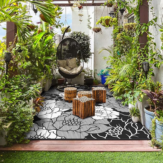 GENIMO Outdoor Rug Waterproof for Patio Decor, 9' x 12' Reversible Plastic Straw Floral Camping Carpet, Large Area Rugs Mats for RV, Camper, Deck, Balcony, Porch, Beach, Picnic, Mix-Black & White-Ruum Studio Home