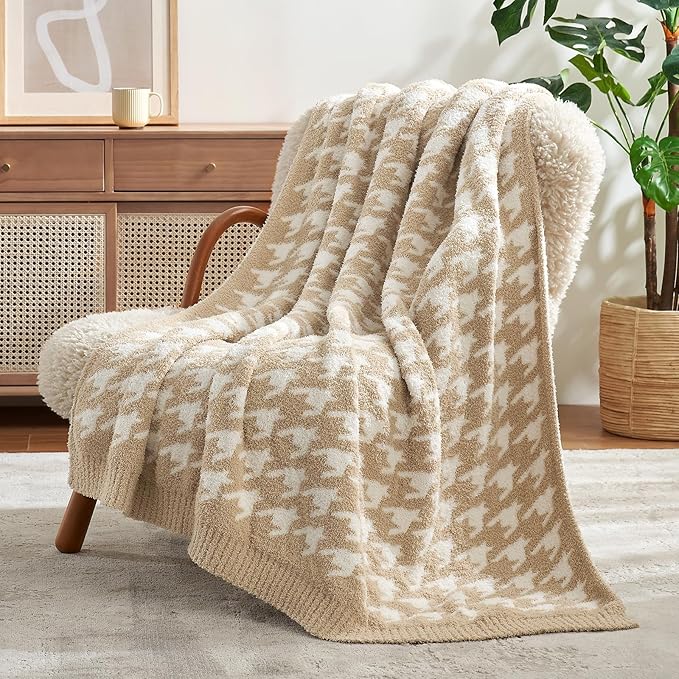 Snuggle Sac Throw Blanket for Couch, Reversible Super Soft Warm Blankets Cozy Knit Fuzzy Plush Lightweight Throws for Sofa, Bed, Camping,Houndstooth Beige,50x60 inches-Ruum Studio Home