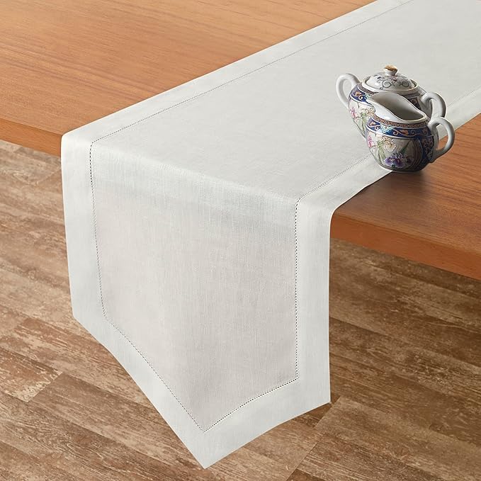 D'Moksha Homes Ivory Linen Table Runner 120 Inches Long - 100% Pure Linen Diamond Table Runner 14 x 120 Inch for Dining, Fall and Halloween - Machine Washable-Ruum Studio Home