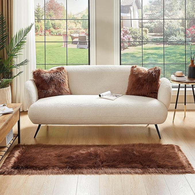 AMTOVO Faux Fur Rug, Coffee Ultra Soft Fluffy Shag Sheepskin Rug, 2 x 6 ft Runner Area Rugs for Bedroom Sofa Throw Cushion Room Decor, Rectangle-Ruum Studio Home