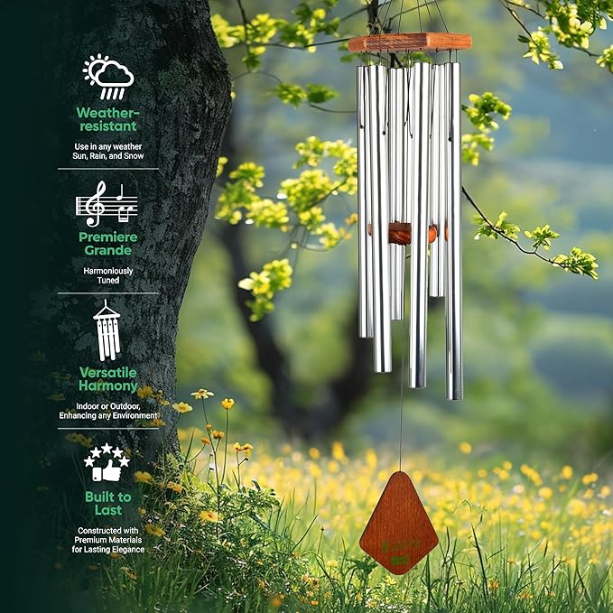 Nature’s Melody Premiere Grande Tunes Wind Chimes – Outdoor Windchime with 6 Tubes Tuned to E Pentatonic Scale, Rustproof Aluminum, Beech Wood & S Hook Hanger for Sympathy, Memorial Gift or Zen Garden-Ruum Studio Home