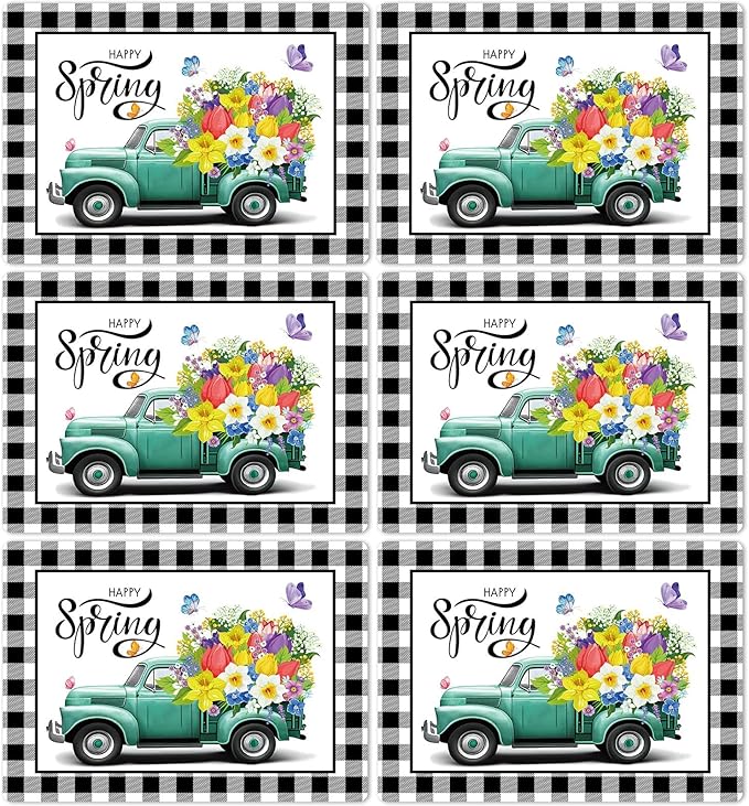 Happy Spring Placemats Set of 6 Easter Plastic Table Mats Spring Placemats Seasonal Place Mats Rustic Vintage Flowers Table Decoration for Indoor Outdoor Party Kitchen Dining-Ruum Studio Home