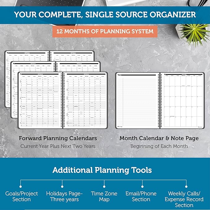 Planner Pad Spiral Bound January-December 2025/ Calendar Year 8 1/2" x 11" Large 3-Tier Funnel Down 12 Month Organizer, Black Cover/Black Ink-Ruum Studio Home