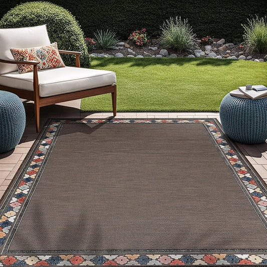 Beverly Rug Outdoor Rug 10x14 Modern Bordered Large Area Rugs for Indoor and Outdoor Patio Easy to Clean Non Shedding Living Room Porch Garden Washable Outside Carpet (10 x 14 Brown)-Ruum Studio Home