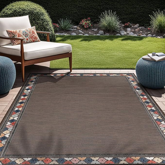 Beverly Rug Outdoor Rug 5x7 Modern Bordered Area Rugs for Indoor and Outdoor Patio Easy to Clean Non Shedding Living Room Porch Garden Washable Outside Carpet (5 x 7 Brown)-Ruum Studio Home