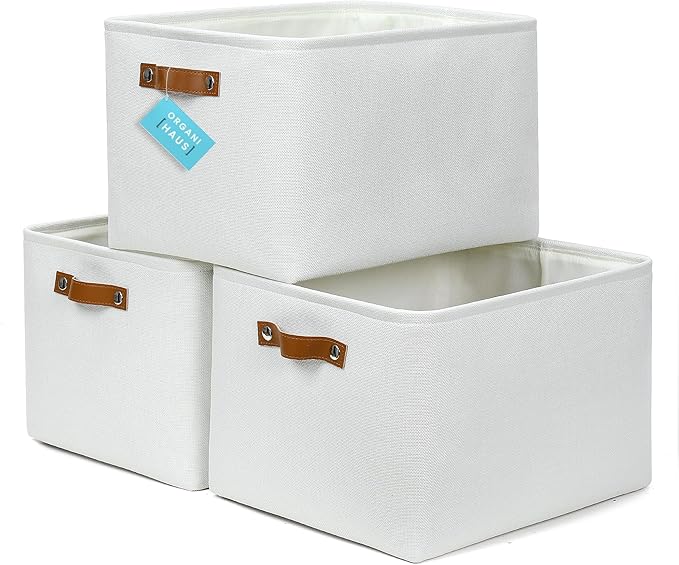 OrganiHaus Extra Large Fabric Storage Bins for Shelves 16x13in, Closet Storage Baskets for Shelf Organizing, Canvas Rectangle Bins for Organization, Linnen Baskets for Organizing - Off-White-Ruum Studio Home