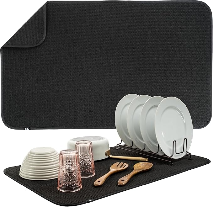 S&T INC. Dish Drying Mat Jumbo, 18” x 30”, Absorbent Microfiber Kitchen Counter Mat, Dish Drying Pad for Dishes, Utensils, Pots and Pans, Jumbo, Black-Ruum Studio Home