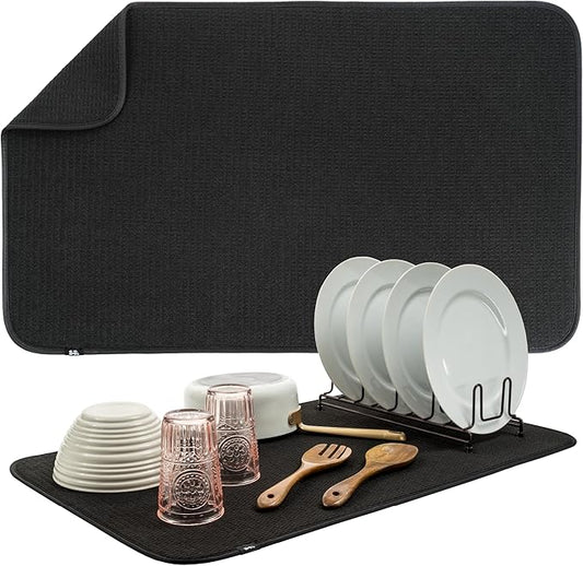 S&T INC. Dish Drying Mat Jumbo, 18” x 30”, Absorbent Microfiber Kitchen Counter Mat, Dish Drying Pad for Dishes, Utensils, Pots and Pans, Jumbo, Black-Ruum Studio Home
