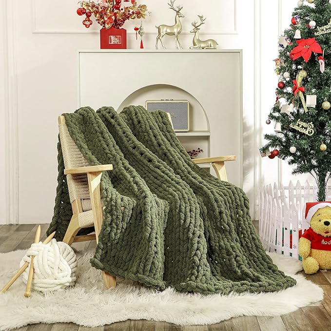 WESHIONGOO Chunky Knit Blanket Throw 50"×60" Knitted Throw Blankets for Couch Bed Fluffy Soft Blanket with Jumbo Chenille Yarn Thick 100% Handmade (Olive Green)-Ruum Studio Home