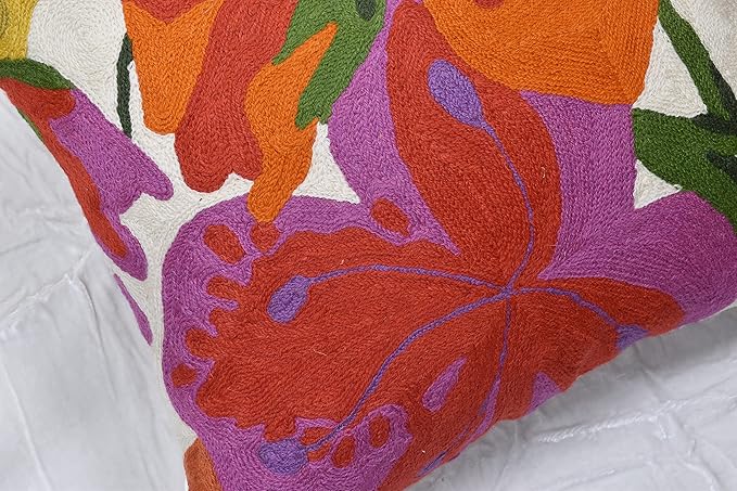 Floral Bloom Pillow Cover | Suzani Accent Pillowcase | Flower Accent Cushions | Hand Embroidered Wool Cushion - 18x18-Ruum Studio Home