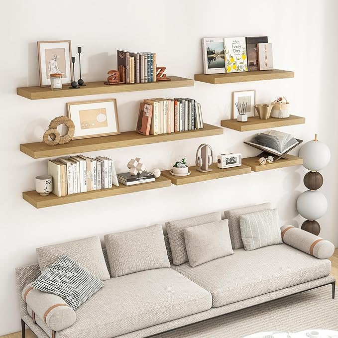 RICHFOCUS 31.5Inch Floating Shelves for Wall 2 Pack Shelves for Bedroom|Kitchen|Bathroom Wall Mounted Rustic Wood Floating Shelf with Invisible Brackets for Books|Storage|Decor, Oak-Ruum Studio Home