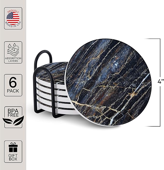 Emerson Coasters for Drinks Absorbent – Natural Stone Drink Coasters Set with Holder, Coasters for Coffee Table, Wooden Tabletop Protection Marble Style – 100% Heavy Duty Set of 6 (Thunder)-Ruum Studio Home