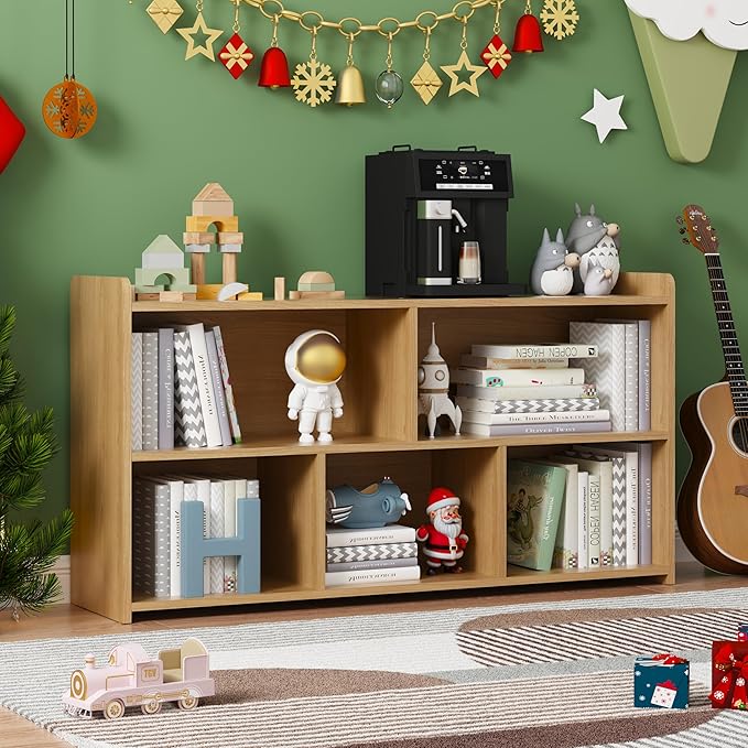 Book Shelf, 5 Cubes Storage Organizer, Open Shelf Wooden Bookcase, Freestanding Log Bookshelf Cube Shelf for Bedroom, Living Room, Home Office-Ruum Studio Home