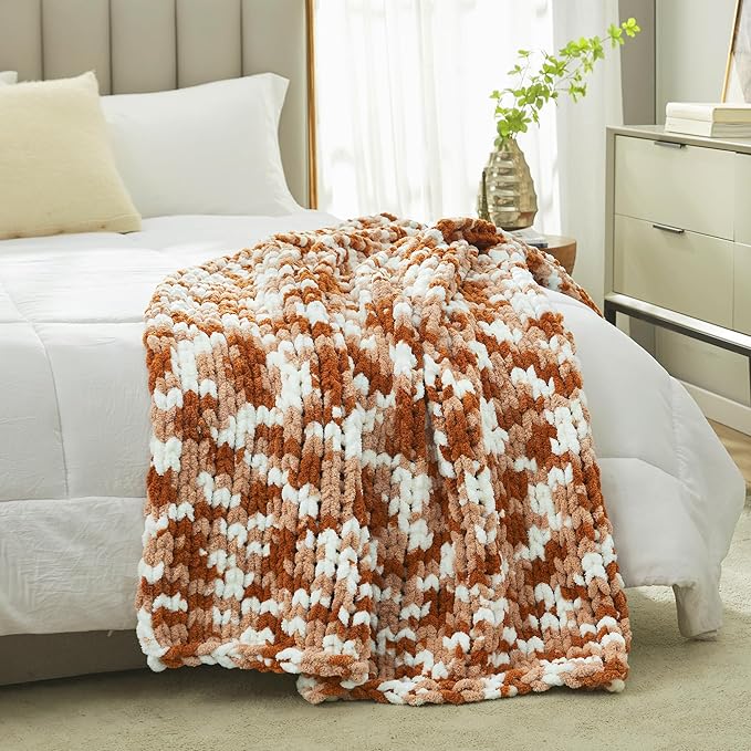 Amélie Home Chunky Knit Throw Blanket for Couch, Soft Chenille Crochet Blanket for Sofa, 50"x60", Space-Dyed Burnt Orange-Ruum Studio Home