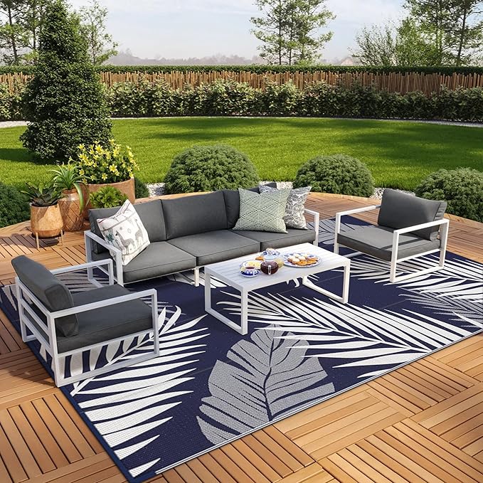 GENIMO Outdoor Rug 10' x 14' Waterproof for Patios Clearance, Reversible Outdoor Plastic Straw Camping Rug Carpet, Large Area Rugs Mats for RV, Camper, Deck, Balcony, Porch, Beach, Navy Blue&White-Ruum Studio Home