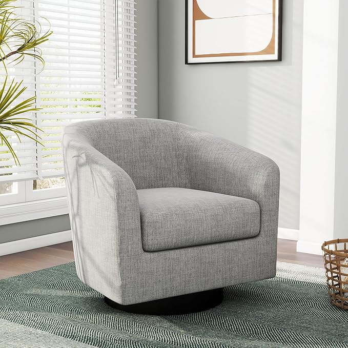 Swivel Barrel Accent Chair, Modern Round Linen Arm Chair for Living Room, Bedroom, Comfy Club Reading Chairs for Adults（Linen Fabric, Light Grey, Set of 1-Ruum Studio Home