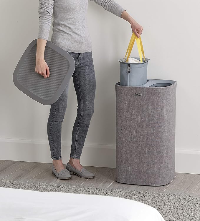 Joseph Joseph Tota 60 liter/15.8 gallon Laundry Hamper Separation Basket with lid, 2 Removable Washing Bags with Handles- Grey-Ruum Studio Home