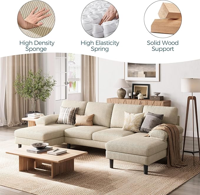 LINSY HOME Sectional Couch, 111'' W Corduroy U Shaped Sofa with Sleepable Armrests, 4 Seat Couch with Double Chaises, Deep Seat Sofa for Living Room, Beige-Ruum Studio Home