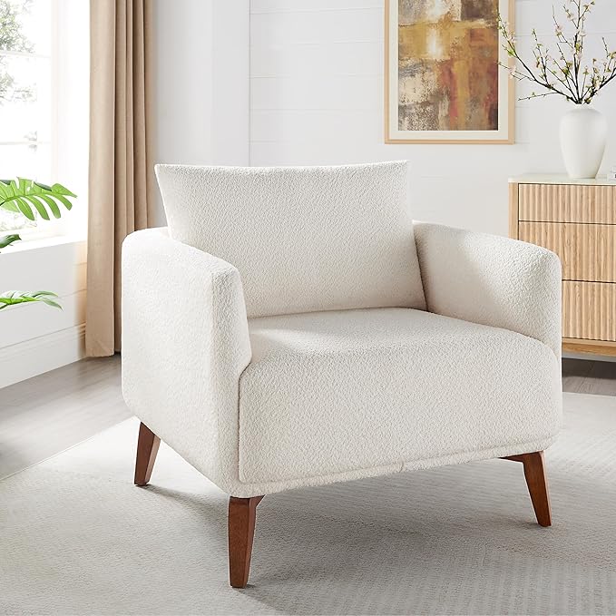 Oversized Accent Chair Modern Boucle Armchair for Living Room- 37" Wide Accent Chair with Solid Wood Legs, White Upholstered Lounge Chair for Bedroom & Office, Cozy Reading Chair (Easy Assembly)-Ruum Studio Home