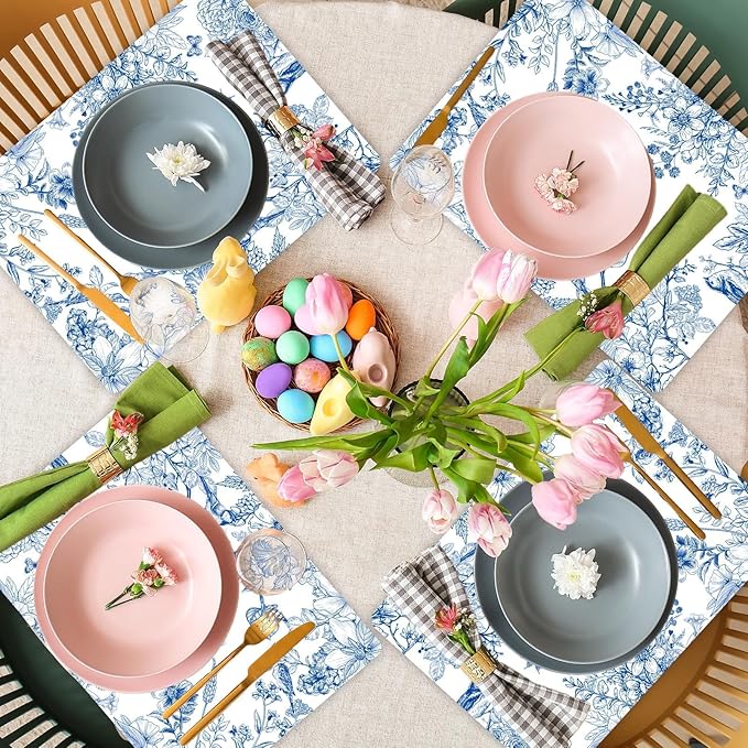 Blue Floral Placemats Set of 6 Flower Bird Plastic Table Mats Seasonal Spring Placemats Chinoiserie Place Mats Rustic Vintage Table Decoration for Indoor Outdoor Party Kitchen Dining-Ruum Studio Home