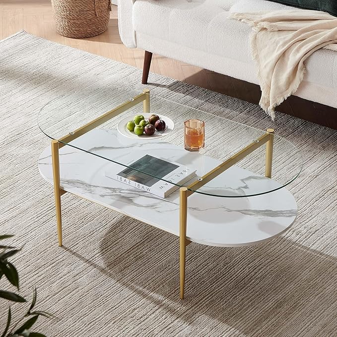 Oval Coffee Table, Mid-Century Modern Design, L41 x W21 x H17 inch, for Living Room, Clear Glass Top, White Marble Finish Wood Shelf & Gold Finish Frame-Ruum Studio Home