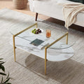 Oval Coffee Table, Mid-Century Modern Design, L41 x W21 x H17 inch, for Living Room, Clear Glass Top, White Marble Finish Wood Shelf & Gold Finish Frame-Ruum Studio Home