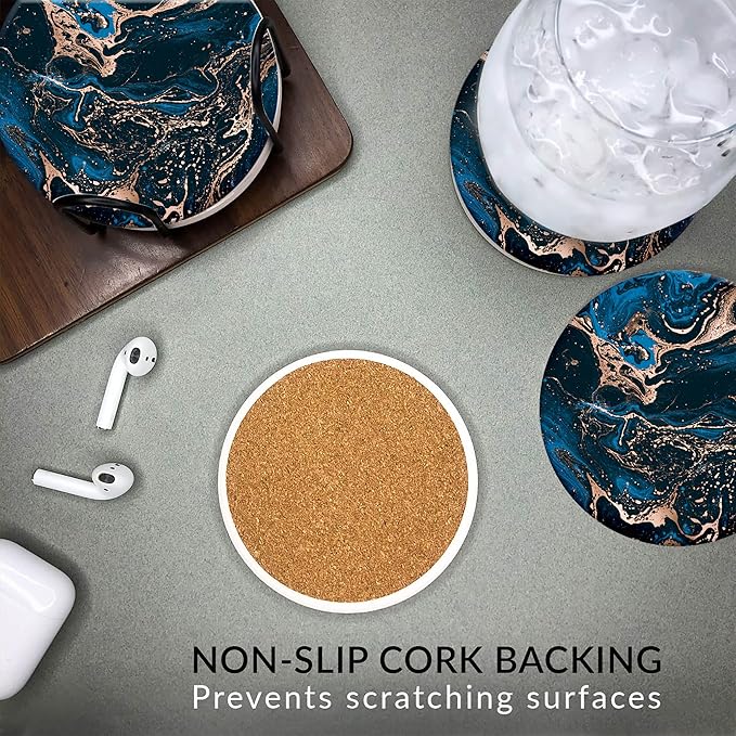 Emerson Coasters for Drinks Absorbent – Natural Stone Drink Coasters Set with Holder, Coasters for Coffee Table, Wooden Tabletop Protection Marble Style – 100% Heavy Duty Set of 6 (Royal)-Ruum Studio Home