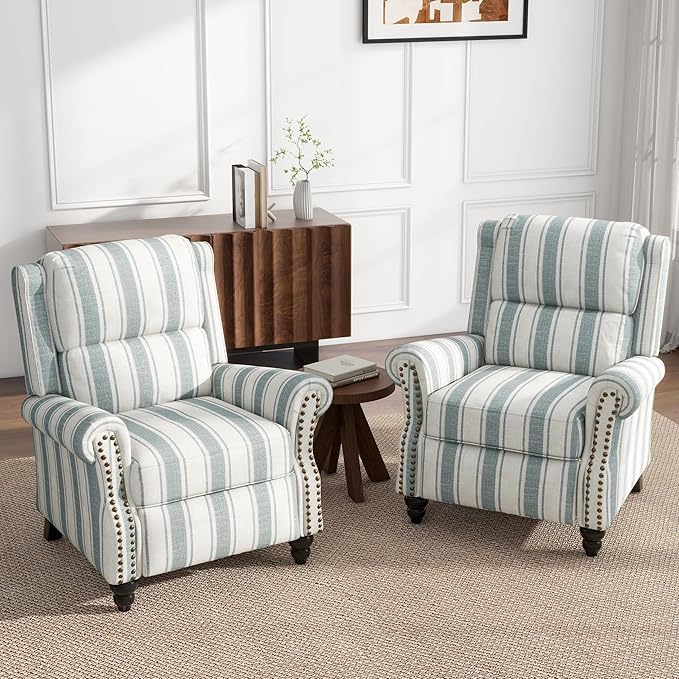 UIXE Pushback Recliner Chairs Set of 2, Fabric Armchair Push Back Accent Chair, Rivet Trim Club Chair Home Theater Overstuffed Single Sofa Reading Seat for Living Room, Stripe Blue-Ruum Studio Home