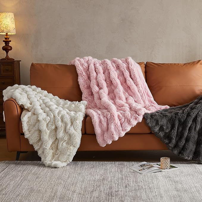 JELLYMONI Faux Fur Throw Blanket, White Fuzzy Cozy Plush Bubble Bed Blanket, Thick and Warm, Queen (90" x 90")-Ruum Studio Home