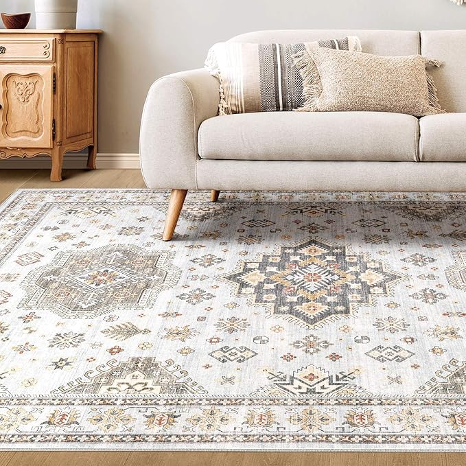 Washable Area Rugs for Living Room -8x10 Neutral Vintage Distressed Floral Farmhouse Boho Large Soft Floor Rug Indoor Non Slip Carpet for Living Room Bedroom Dining Room Office -Blue Brown-Ruum Studio Home