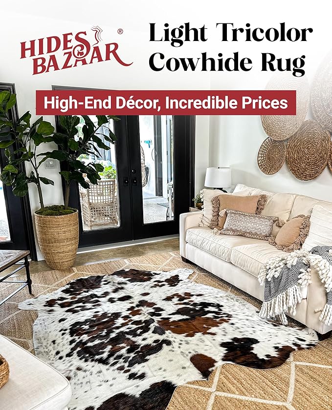 Light Tricolor Cowhide Rug Premium Cowhides Leather with Mixed White, Brown & Black Color Pattern - Natural Cowhide Rug for Office & Home Decor - Cow Hide Rugs 6x6-7 ft-Ruum Studio Home