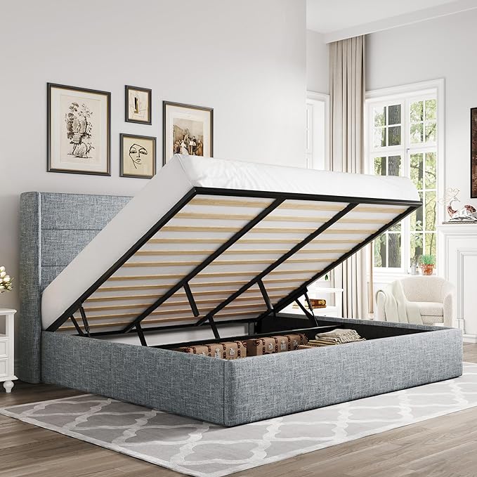 Allewie King Size Lift Up Storage Bed, Modern Wingback Headboard, Hydraulic Support, No Box Spring Needed, Grey Blue-Ruum Studio Home