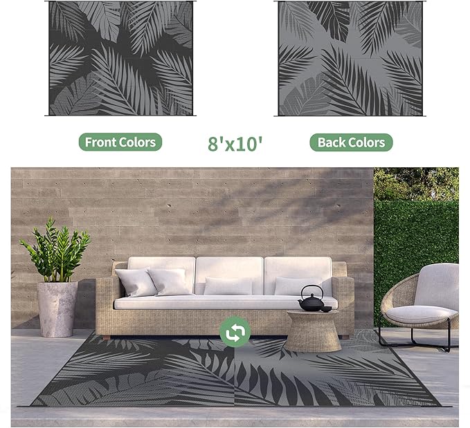 GENIMO Outdoor Rug 8' x 10' Waterproof for Patios Clearance, Reversible Outdoor Plastic Straw Camping Rug Carpet, Large Area Rugs Mats for RV, Camper, Deck, Balcony, Porch, Beach, Picnic, Black&Grey-Ruum Studio Home
