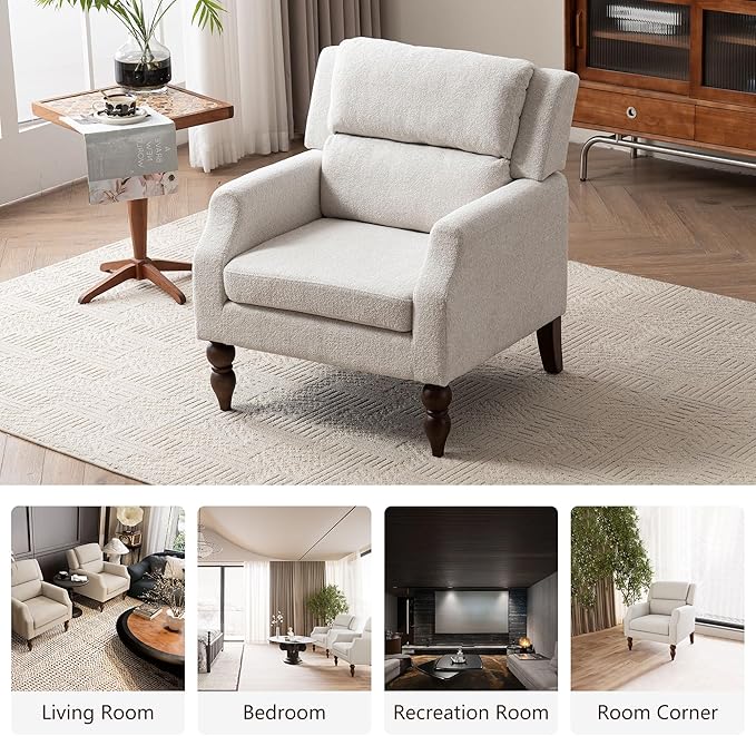 Kidol & Shellder Beige Oversized Accent Chair for Living Room Set of 2 Modern Reading Chair with Back Wide Upholstered Comfy Single Sofa Chair for Bedroom Lounge Side Corner Boucle Fabric Armchair-Ruum Studio Home