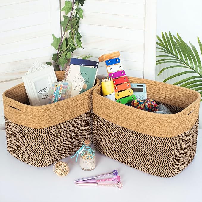 MINTWOOD Design 3-Pack Storage Baskets for Shelves, Decorative Baskets for Organizing, Woven Baskets for Storage, Book Basket Cube Storage Bin Box, Pantry Closet and Shoe Organizers, Black Jute-Ruum Studio Home