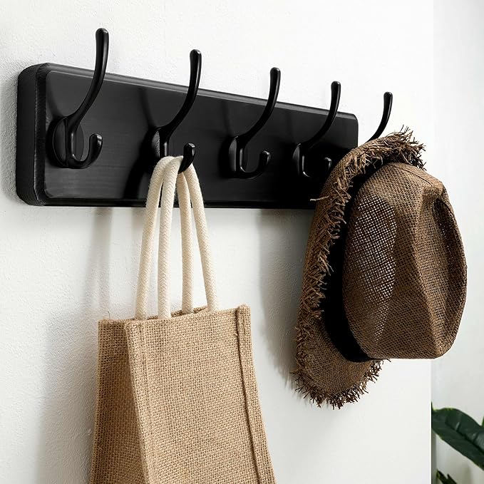SKOLOO Rustic Wall Mounted Coat Rack, Case of 2, Pine Solid Wood Coat Hook Hanger - 5 Hooks for Hanging Clothes Robes Towels Coats-Ruum Studio Home