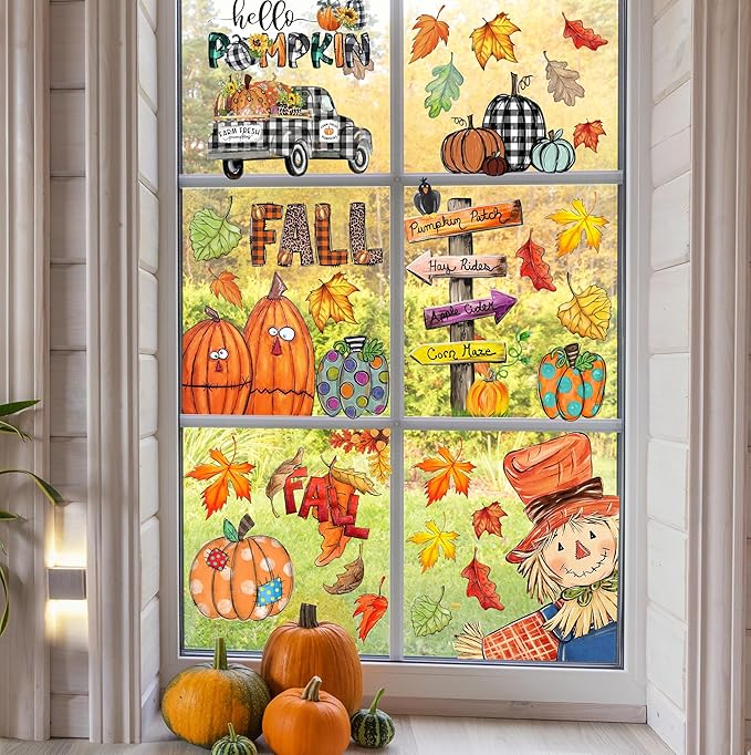 Fall Window Clings Decorations for Glass Fall Watercolor Pumpkin Maple Leaves Scarecrow Truck Window Stickers for Autumn Thanksgiving Harvest Party Home Window Decals Decor-Ruum Studio Home