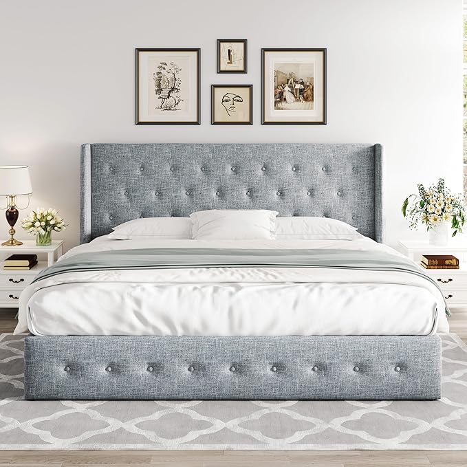 Allewie King Size Lift Up Storage Bed, Button Tufted Headboard with Wingback, Hydraulic Support, No Box Spring Needed, Grey Blue-Ruum Studio Home