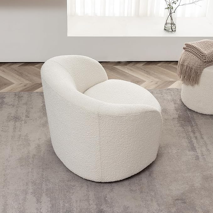 KINWELL 34" W Mid Century Modern Swivel Barrel Chair, Round Upholstered Boucle Swivel Accent Chairs, No Assembly Sofa Chair for Living Room Bedroom Reading Apartment Lounge Nursery(Cream)-Ruum Studio Home