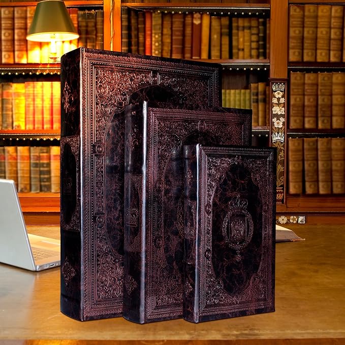 Decorative Book Box Set of 3,Vintage Style Book Shaped Storage Box,Leather Decorative Wooden Trinket Jewelry Books Boxes with Antique Embossed Pattern,Mother's Day/Graduation /Birthday Gift Idea-Ruum Studio Home