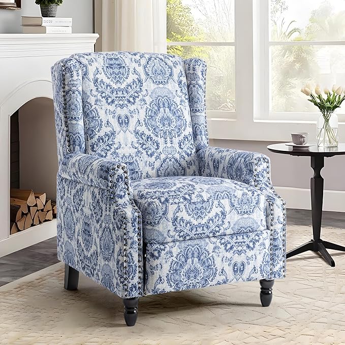 UIXE Floral Pushback Recliner Chair, Fabric Upholstered Armchair Push Back Accent Chair for Living Room, Rivet Trim Club Chair Home Theater Single Sofa Reading Seat - Navy Blue-Ruum Studio Home