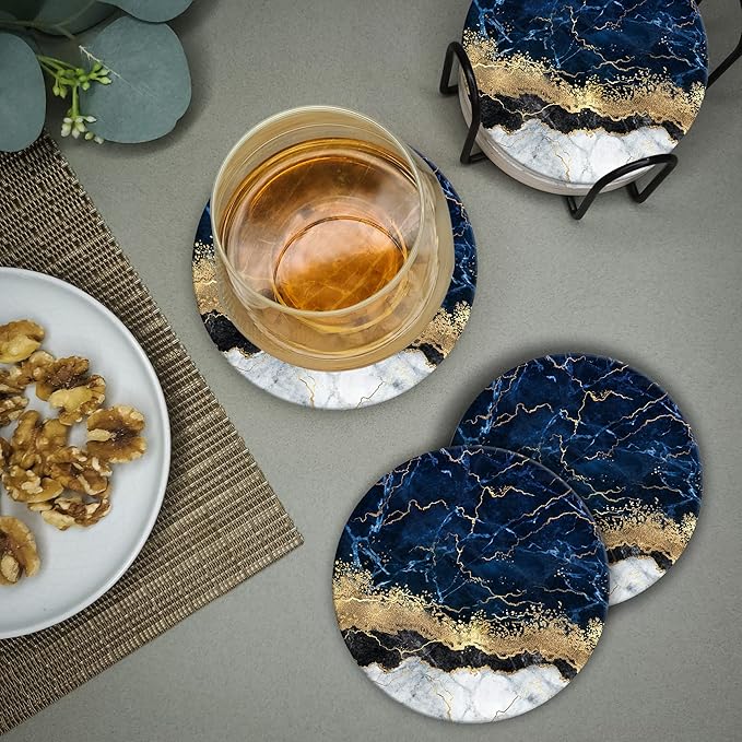 Emerson Coasters for Drinks Absorbent Set of 6 with Holder – Marble Style Coasters – Coasters for Drinks – Drink Coasters for Coffee Table – 100% Ceramic Stone Non Slip – Heavy Duty (Ripple)-Ruum Studio Home