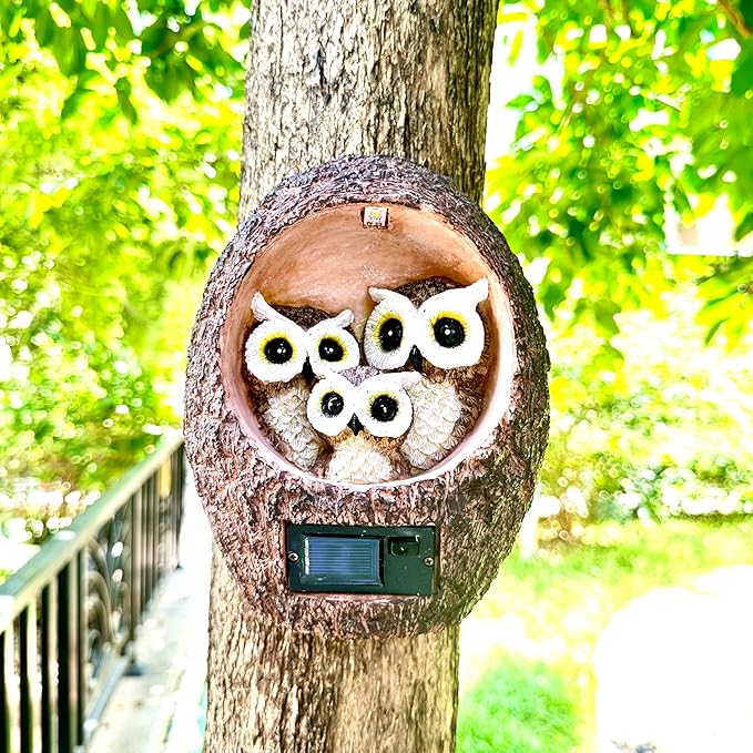 Garden Owl Family Tree Hugger Statue Solar Powered Outdoor Wall Mounted Figurine Light Resin Sculpture Home Decoration Housewarming Ornament Unique Gift-Ruum Studio Home