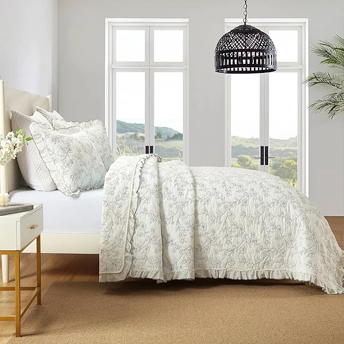 MarCielo 3-Piece 100% Cotton Bedspread Lightweight Quilt Coverlet Embroidery Farmhouse Bedding Set (Floral,Queen (98" X 90"))-Ruum Studio Home