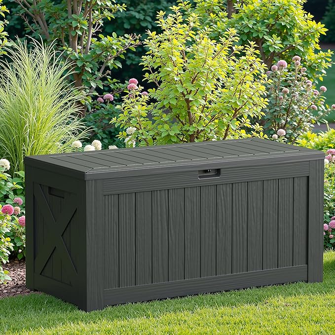 JUMMICO 120 Gallon Resin Deck Box, Large Outdoor Storage Box Waterproof & Lockable for Garden, Patio, Pools (Gray)-Ruum Studio Home