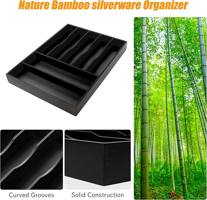 Bellsal Bamboo Silverware Drawer Organizer, Utensil Kitchen Drawer Organizer, Utensil Holder Cutlery Tray with Grooved Drawer Dividers for Kitchen Utensils and Flatware Bedroom Office (7 Slot, Black)-Ruum Studio Home
